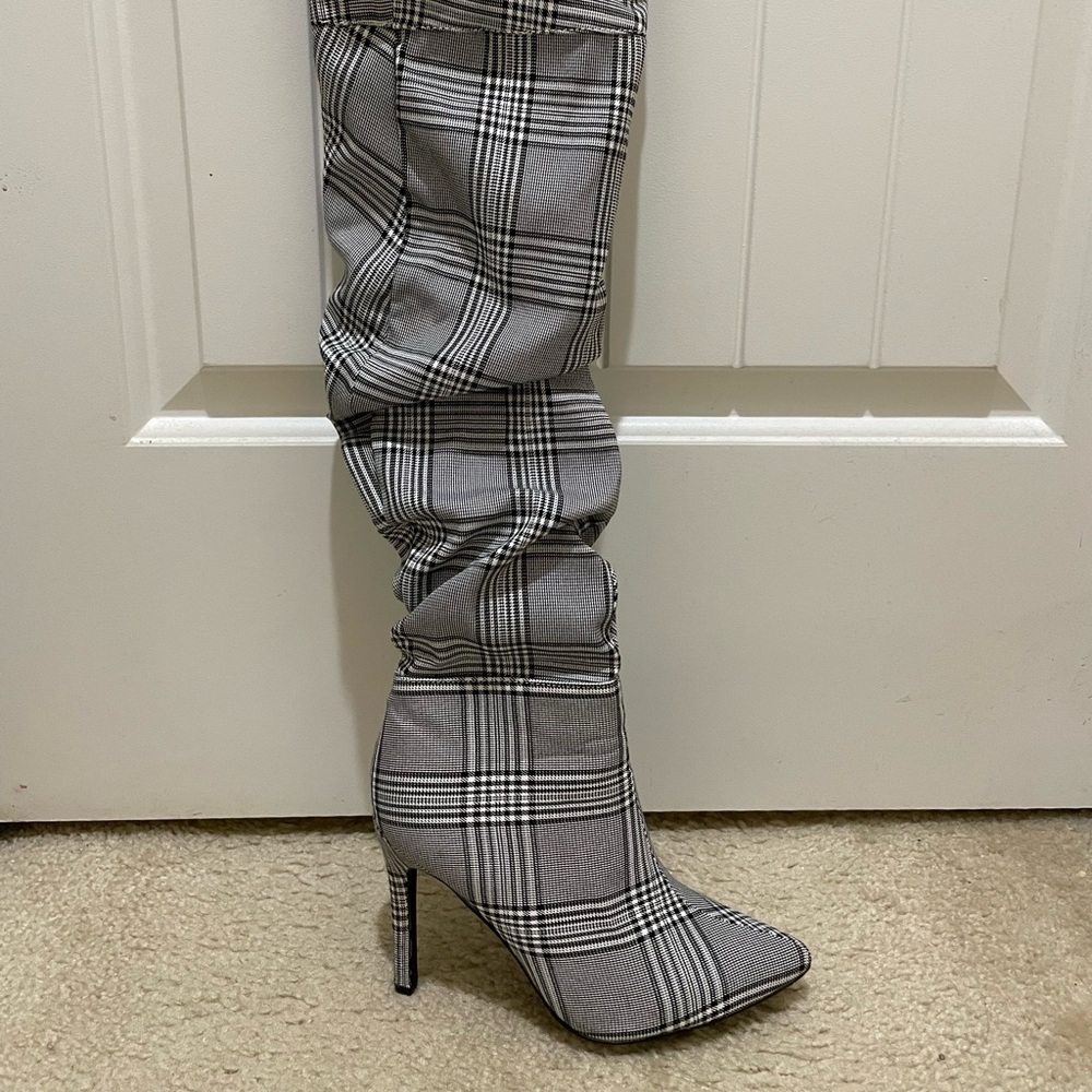 Black and White plaid Thigh-high boots